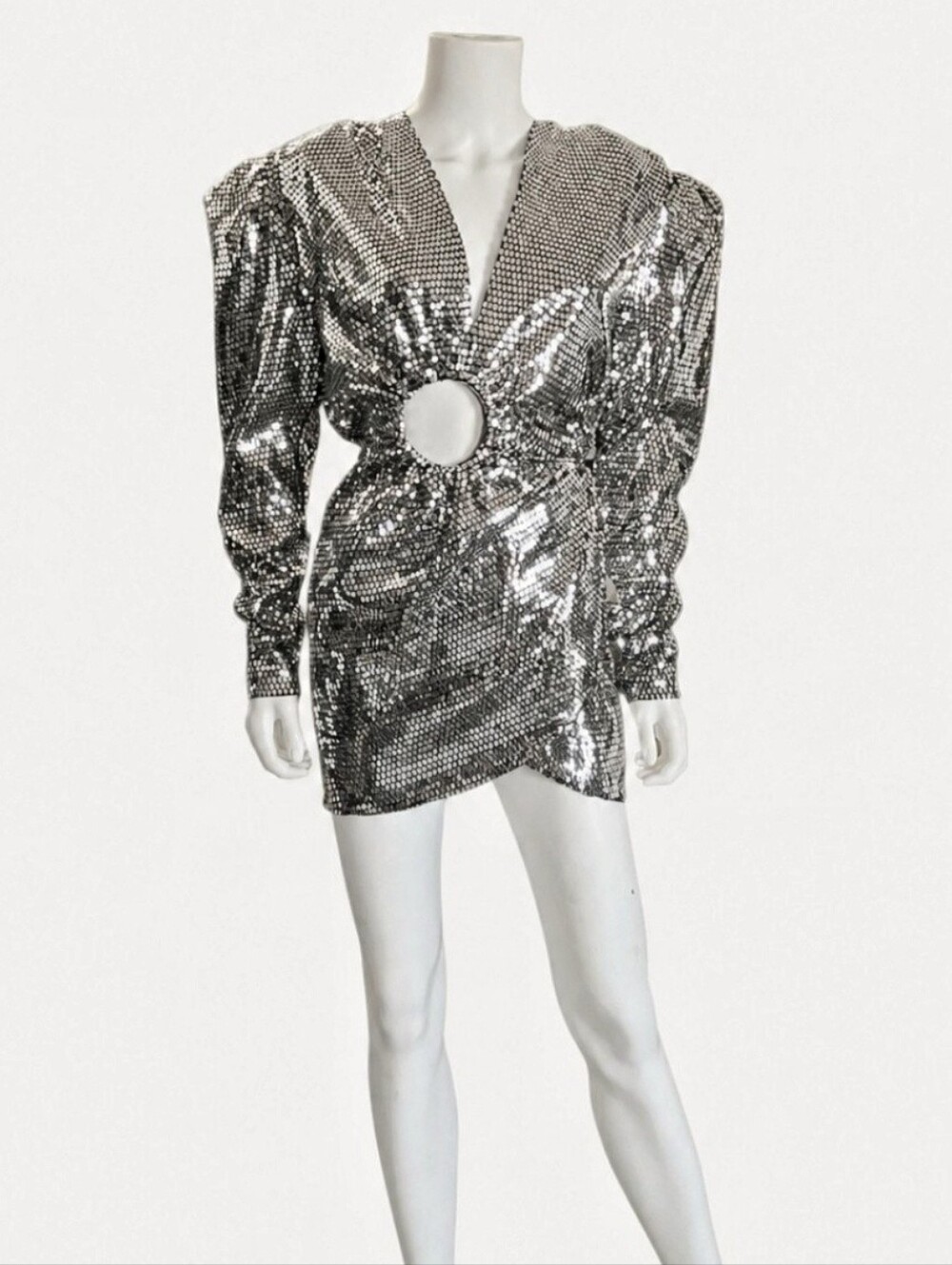 MACH & MACH | SS20 Mirrored Tile Cutout Mini Dress Puff Sleeve Silver M